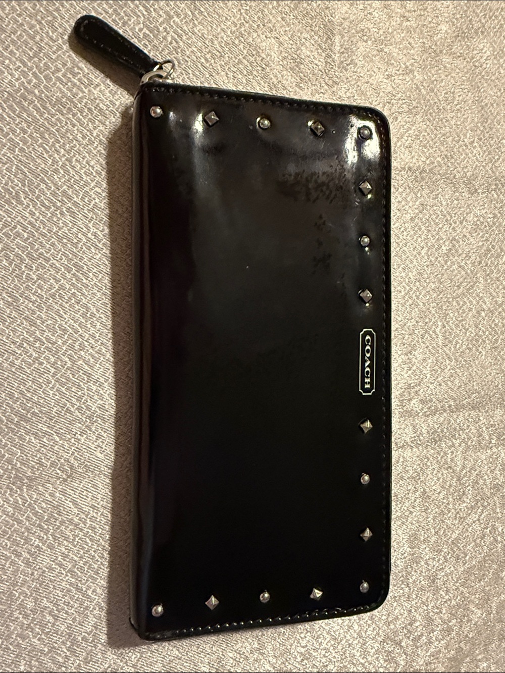 Coach Black Patent Leather Zip Card Holder with Stud Accents